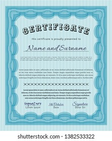 Light blue Sample Diploma. With complex background. Cordial design. Detailed. 