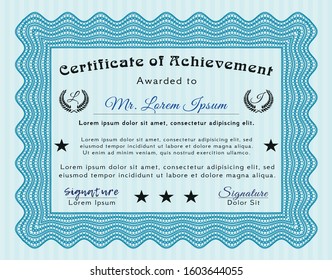 Light blue Sample Diploma. Cordial design. Customizable, Easy to edit and change colors. With guilloche pattern. 