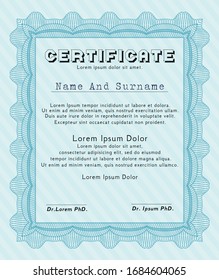 Light blue Sample Diploma. Cordial design. Vector illustration. With guilloche pattern. 