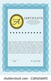 Light blue Sample Diploma. Customizable, Easy to edit and change colors. With great quality guilloche pattern. Money Pattern design. 