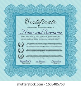 Light blue Sample Diploma. Customizable, Easy to edit and change colors. With complex background. Cordial design. 