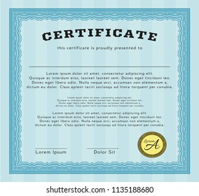 Light blue Sample Diploma. Detailed. With guilloche pattern and background. Money Pattern design. 