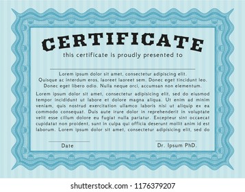 Light blue Sample Diploma. Detailed. With great quality guilloche pattern. Excellent design. 