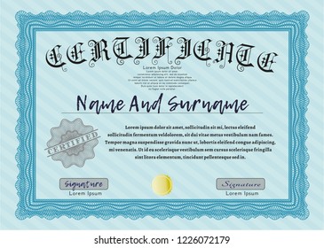 Light blue Sample Diploma. Easy to print. Good design. Vector illustration. 