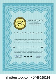 Light blue Sample Diploma. Easy to print. Customizable, Easy to edit and change colors. Retro design. 