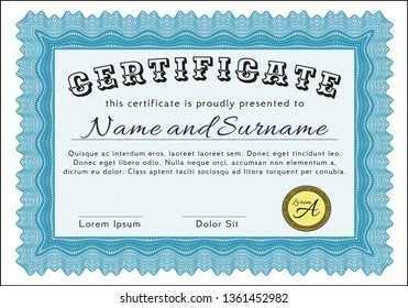 Light blue Sample Diploma. Excellent design. Detailed. With complex background. 