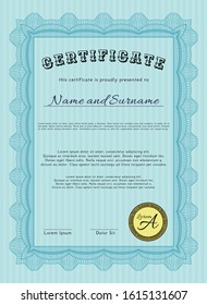 Light blue Sample Diploma. Good design. Customizable, Easy to edit and change colors. Printer friendly. 