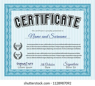 Light blue Sample Diploma. With great quality guilloche pattern. Detailed. Beauty design. 