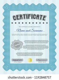 Light blue Sample Diploma. With great quality guilloche pattern. Customizable, Easy to edit and change colors. Beauty design. 