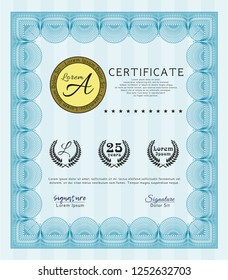Light blue Sample Diploma. With great quality guilloche pattern. Detailed. Sophisticated design. 