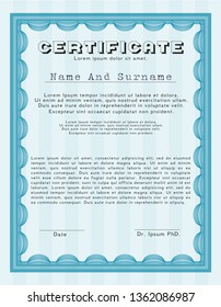 Light blue Sample Diploma. With great quality guilloche pattern. Detailed. Modern design. 
