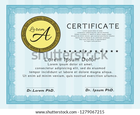 Light blue Sample Diploma. With great quality guilloche pattern. Good design. Detailed. 