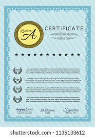 Light blue Sample Diploma. With guilloche pattern. Customizable, Easy to edit and change colors. Sophisticated design. 