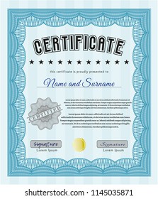Light blue Sample Diploma. With guilloche pattern and background. Money Pattern. Customizable, Easy to edit and change colors. 