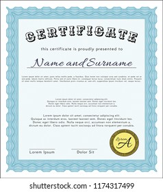 Light blue Sample Diploma. With guilloche pattern. Detailed. Excellent design. 