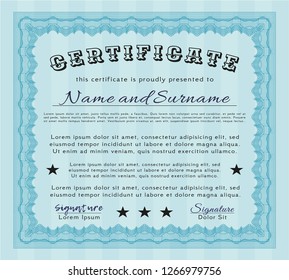 Light blue Sample Diploma. With guilloche pattern and background. Superior design. Detailed. 
