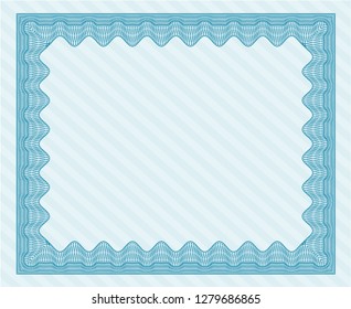 Light blue Sample Diploma. With guilloche pattern and background. Lovely design. Vector illustration. 