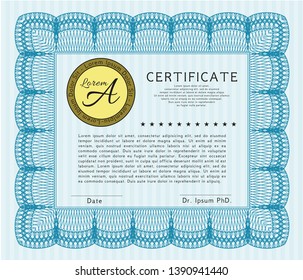Light blue Sample Diploma. With guilloche pattern and background. Sophisticated design. Detailed. 