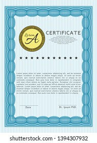 Light blue Sample Diploma. With guilloche pattern. Good design. Detailed. 
