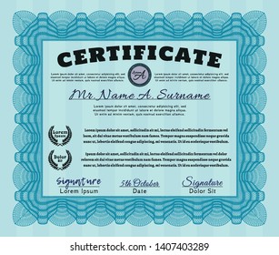 Light blue Sample Diploma. With guilloche pattern. Cordial design. Customizable, Easy to edit and change colors. 