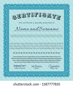 Light blue Sample Diploma. With guilloche pattern and background. Beauty design. Detailed. 