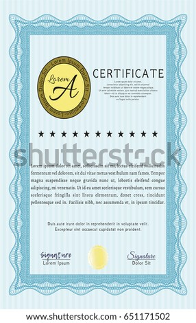Light blue Sample Diploma. With guilloche pattern and background. Detailed. Money Pattern. 