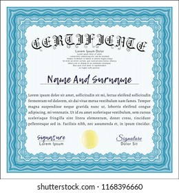 Light blue Sample Diploma. With linear background. Vector illustration. Cordial design. 