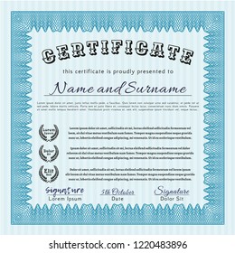 Light blue Sample Diploma. With linear background. Lovely design. Detailed. 