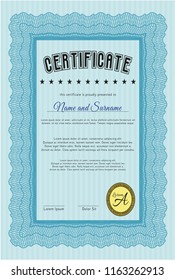 Light blue Sample Diploma. Lovely design. With great quality guilloche pattern. Detailed. 