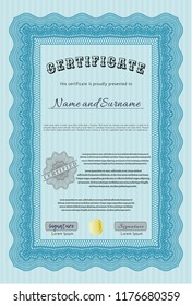 Light blue Sample Diploma. Lovely design. Customizable, Easy to edit and change colors. With guilloche pattern and background. 