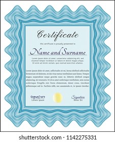 Light blue Sample Diploma. Modern design. With guilloche pattern. Vector illustration. 
