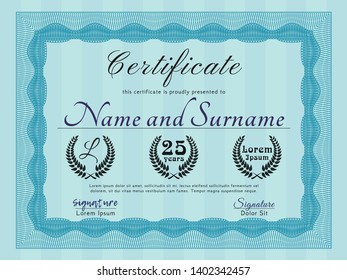Light blue Sample Diploma. Modern design. Detailed. With guilloche pattern. 