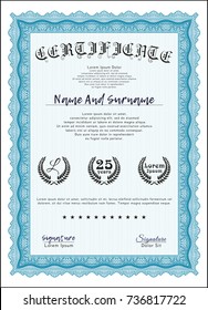Light blue Sample Diploma. Modern design. Customizable, Easy to edit and change colors. With guilloche pattern and background. 