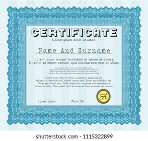 Light blue Sample Diploma. Money Pattern. Detailed. With guilloche pattern and background. 
