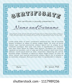 Light blue Sample Diploma. Money style design. With linear background. Detailed. 