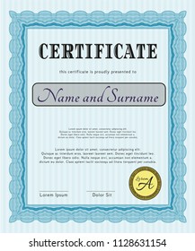 Light blue Sample Diploma. Money Pattern. With guilloche pattern and background. Vector illustration. 