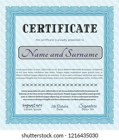 Light blue Sample Diploma. Money Pattern design. Customizable, Easy to edit and change colors. With guilloche pattern. 