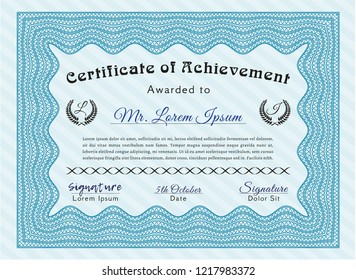 Light blue Sample Diploma. Money design. Vector illustration. Complex background. 