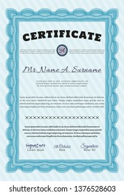 Light blue Sample Diploma. Money Pattern design. With guilloche pattern. Detailed. 