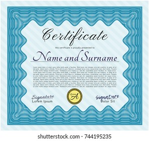 Light blue Sample Diploma. Money style design. Detailed. With guilloche pattern and background. 