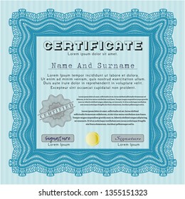 Light blue Sample Diploma. Perfect design. With complex linear background. Detailed. 