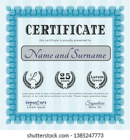 Light blue Sample Diploma. Perfect design. Detailed. With guilloche pattern and background. 