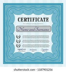 Light blue Sample Diploma. Retro design. With great quality guilloche pattern. Customizable, Easy to edit and change colors. 