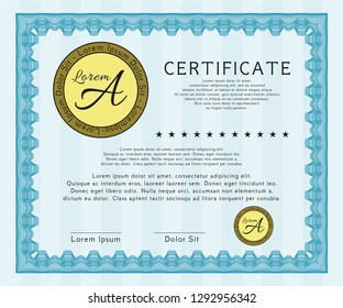 Light blue Sample Diploma. Retro design. With guilloche pattern. Customizable, Easy to edit and change colors. 