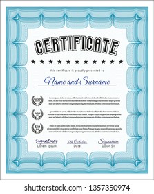 Light blue Sample Diploma. Retro design. Detailed. With guilloche pattern and background. 