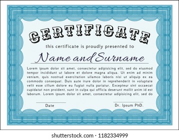 Light blue Sample Diploma. Vector illustration. With great quality guilloche pattern. Superior design. 