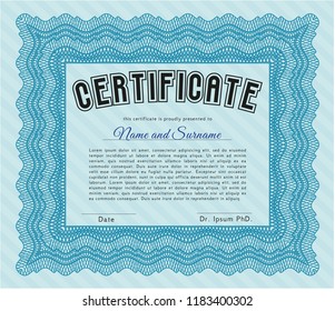 Light blue Sample Diploma. Vector illustration. Printer friendly. Cordial design. 