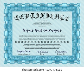 Light blue Sample Diploma. Vector illustration. Easy to print. Sophisticated design. 