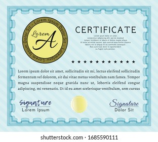 Light blue Sample Diploma. Vector illustration. With great quality guilloche pattern. Artistry design. 