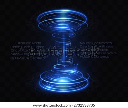 Light blue sci-fi portal with glowing energy rings and vertical beam on transparent background.